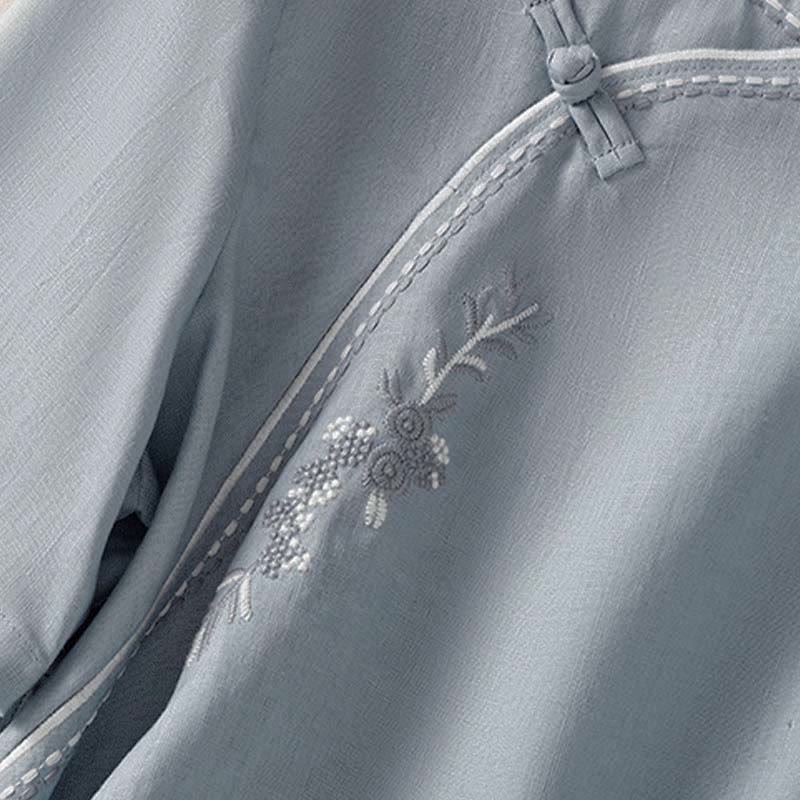 Buddha Stones Summer Stand Collar Short Sleeve Plain Women's  Frog-Button Cotton Shirt With Pocket - image 6