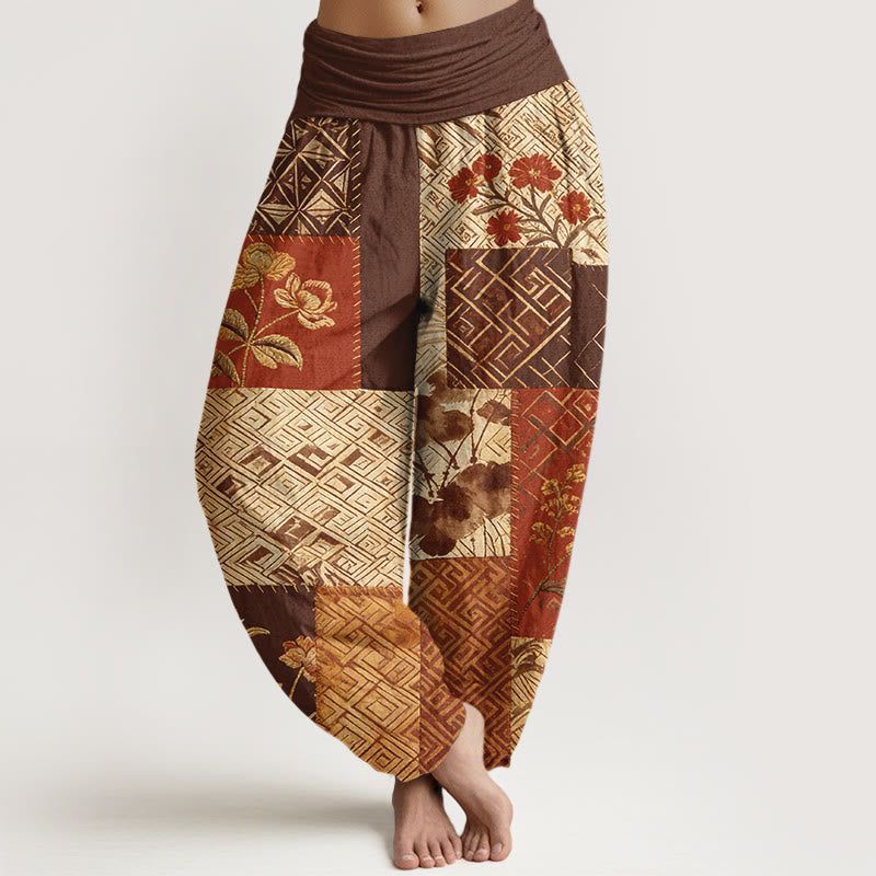Buddha Stones Cotton Color Blocking Design Flower Geometry Pattern Women's Elastic Waist Harem Pants - Brown - US16，UK/AU20，EU48 (3XL) - image 5