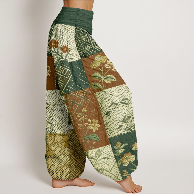 Buddha Stones Cotton Color Blocking Design Flower Geometry Pattern Women's Elastic Waist Harem Pants - image 10