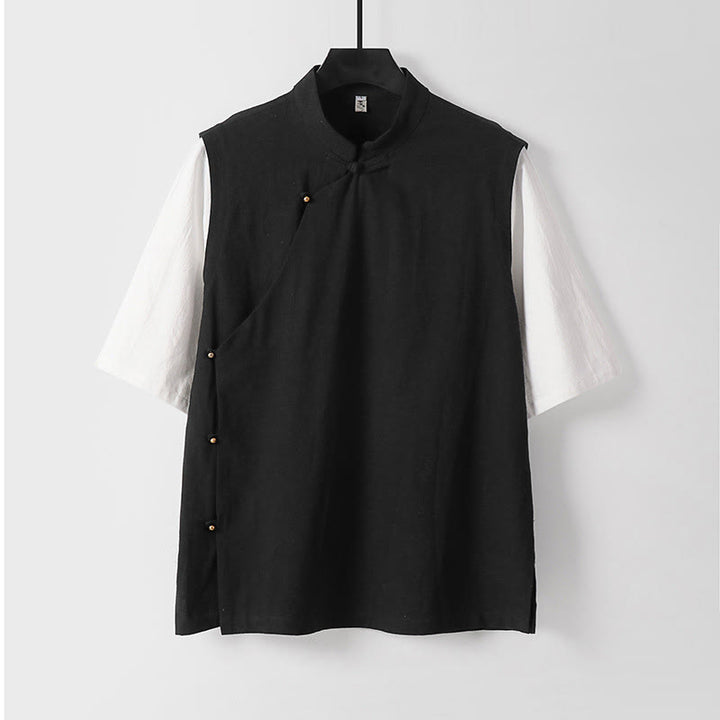 Buddha Stones Summer 2 In 1 Stripes Stand Collar Short Sleeve Frog-Button Men's Cotton Shirt - Black - US/UK/AU54，EU64 (9XL) - image 4