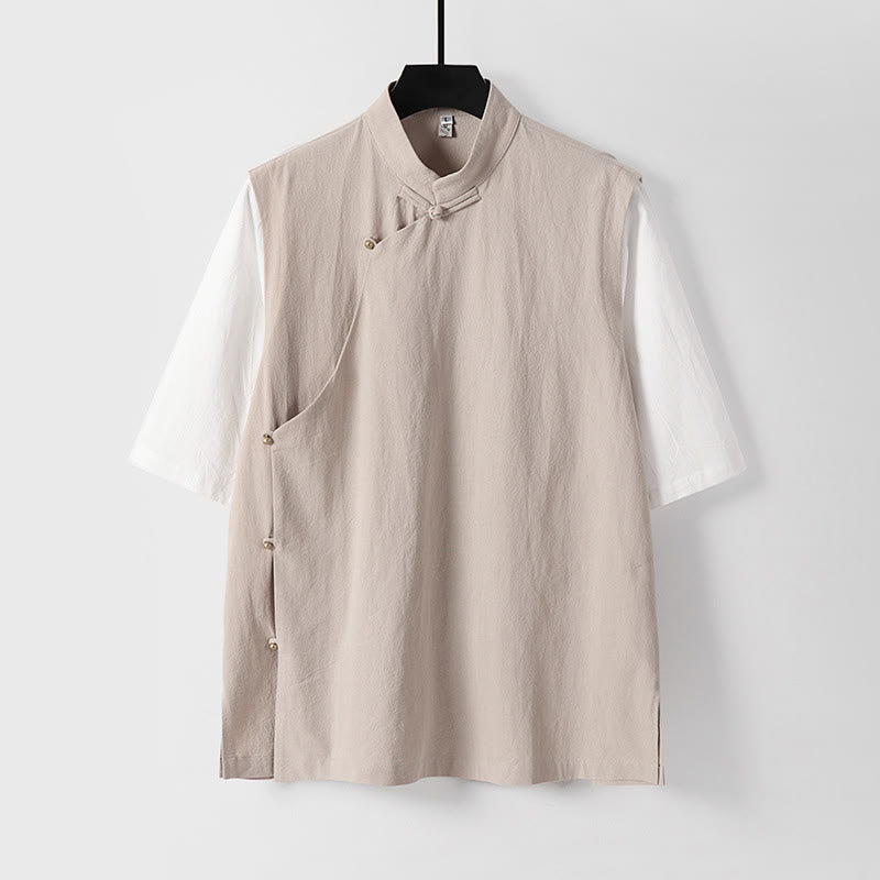 Buddha Stones Summer 2 In 1 Stripes Stand Collar Short Sleeve Frog-Button Men's Cotton Shirt - BlanchedAlmond - US/UK/AU54，EU64 (9XL) - image 6