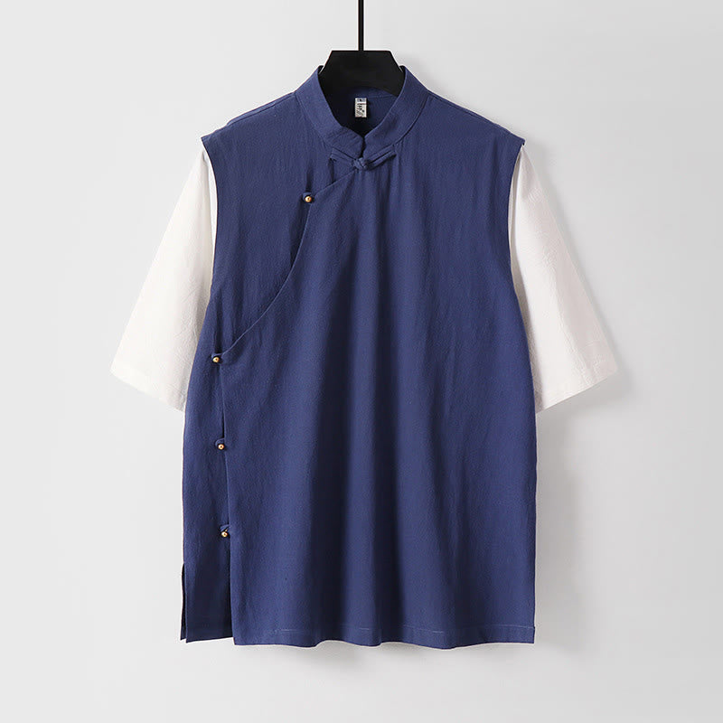 Buddha Stones Summer 2 In 1 Stripes Stand Collar Short Sleeve Frog-Button Men's Cotton Shirt - DarkBlue - US/UK/AU54，EU64 (9XL) - image 14