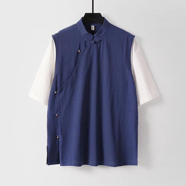 Buddha Stones Summer 2 In 1 Stripes Stand Collar Short Sleeve Frog-Button Men's Cotton Shirt - DarkBlue - US/UK/AU54，EU64 (9XL) - image 14