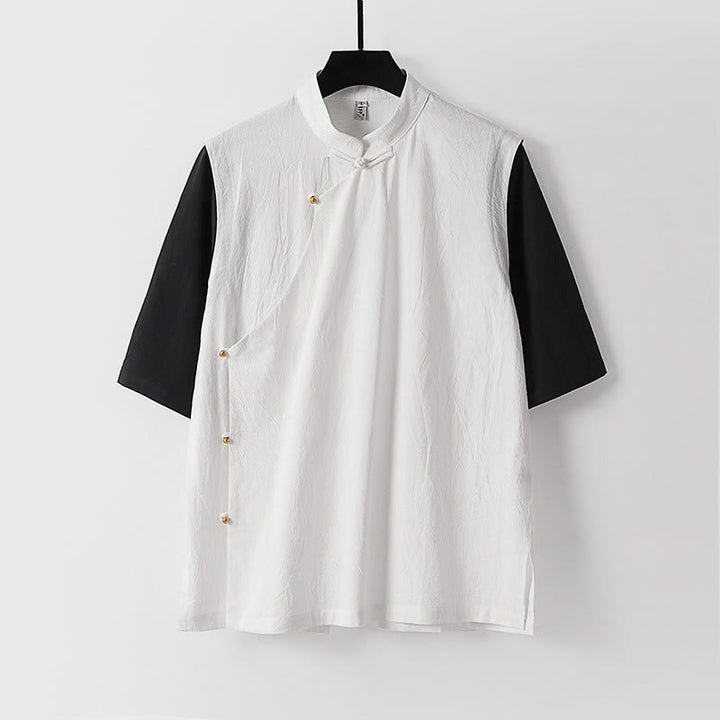 Buddha Stones Summer 2 In 1 Stripes Stand Collar Short Sleeve Frog-Button Men's Cotton Shirt - White - US/UK/AU54，EU64 (9XL) - image 2