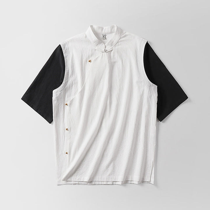 Buddha Stones Summer 2 In 1 Stripes Stand Collar Short Sleeve Frog-Button Men's Cotton Shirt - image 3