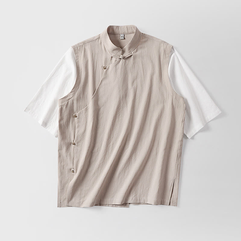 Buddha Stones Summer 2 In 1 Stripes Stand Collar Short Sleeve Frog-Button Men's Cotton Shirt - image 7