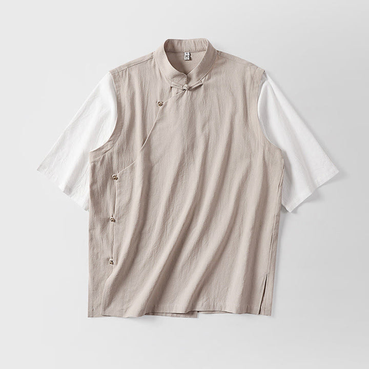 Buddha Stones Summer 2 In 1 Stripes Stand Collar Short Sleeve Frog-Button Men's Cotton Shirt - image 7