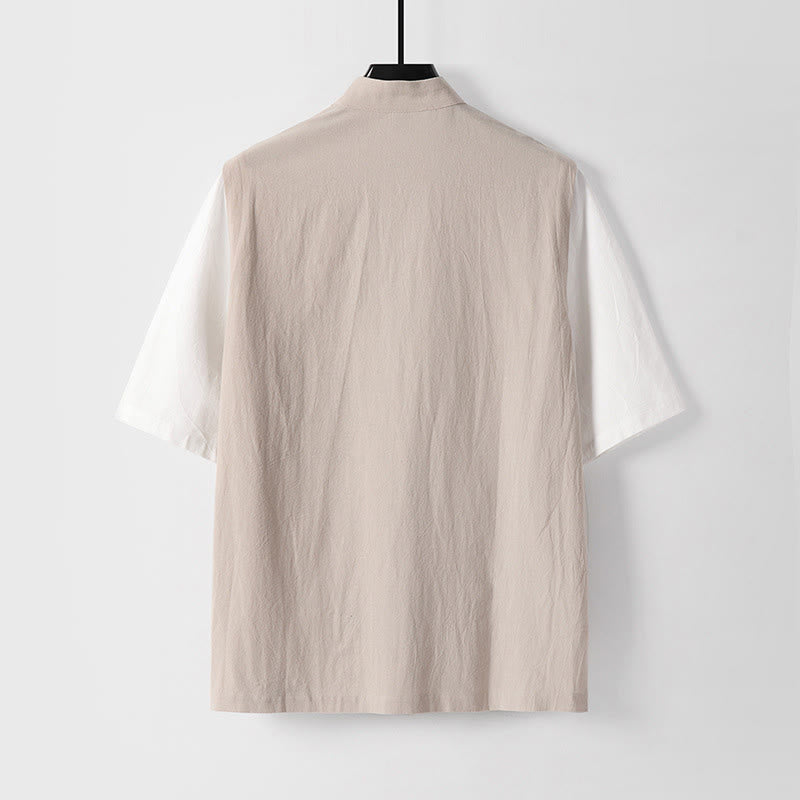 Buddha Stones Summer 2 In 1 Stripes Stand Collar Short Sleeve Frog-Button Men's Cotton Shirt - image 8