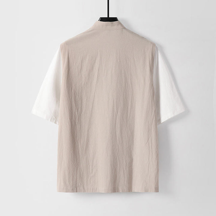 Buddha Stones Summer 2 In 1 Stripes Stand Collar Short Sleeve Frog-Button Men's Cotton Shirt - image 8