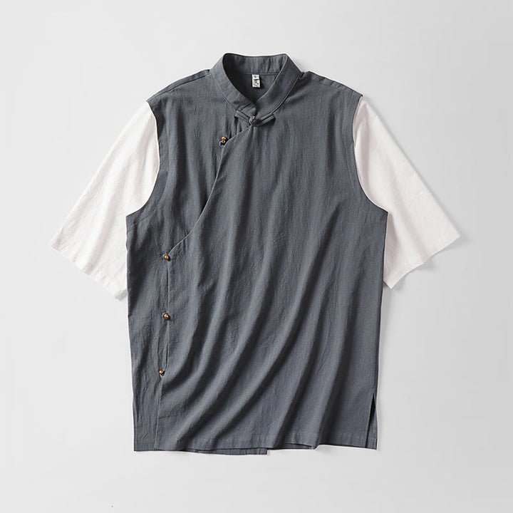 Buddha Stones Summer 2 In 1 Stripes Stand Collar Short Sleeve Frog-Button Men's Cotton Shirt - image 1