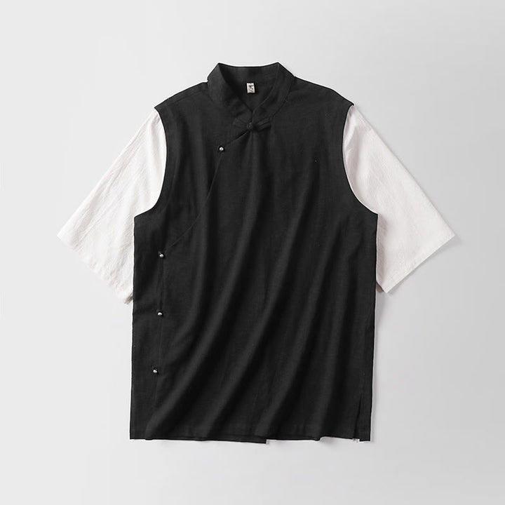 Buddha Stones Summer 2 In 1 Stripes Stand Collar Short Sleeve Frog-Button Men's Cotton Shirt - image 5