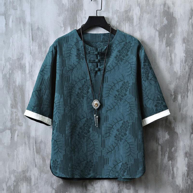 Buddha Stones Summer Floral Pattern Frog-Button Half Sleeve Cotton Men's Shirt  - Teal - US/UK/AU48，EU58 (6XL) - image 0