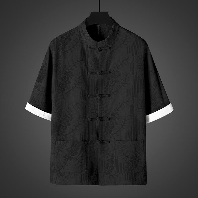 Buddha Stones Summer Frog-Button Half Sleeve Floral Pattern Cotton Men's Shirt  - Black - US/UK/AU46，EU56 (5XL) - image 2