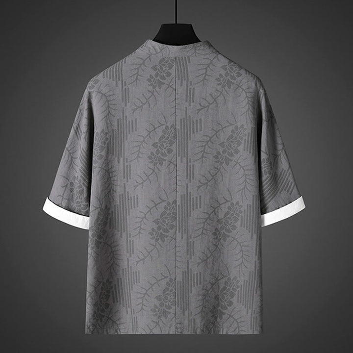 Buddha Stones Summer Frog-Button Half Sleeve Floral Pattern Cotton Men's Shirt  - image 1
