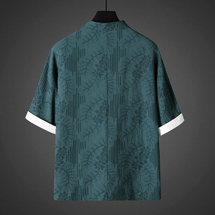 Buddha Stones Summer Frog-Button Half Sleeve Floral Pattern Cotton Men's Shirt  - image 5