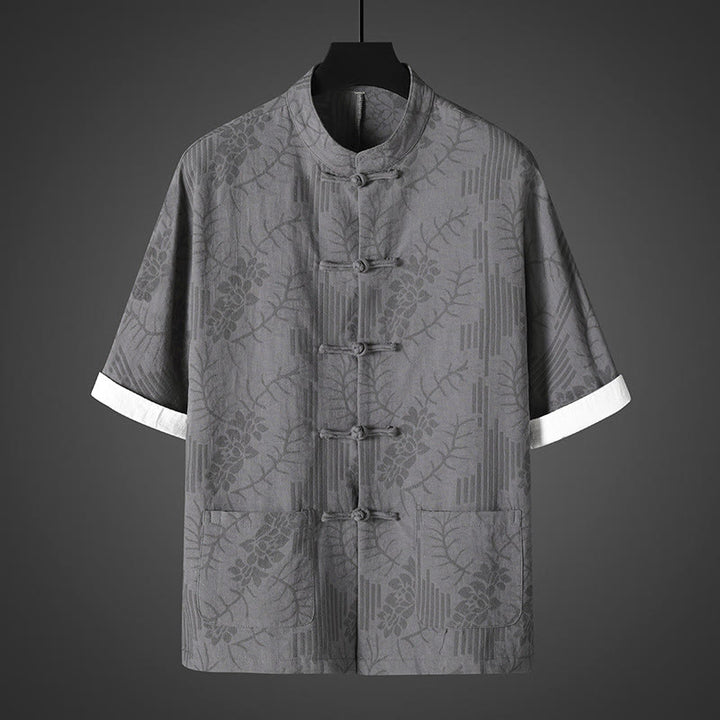 Buddha Stones Summer Frog-Button Half Sleeve Floral Pattern Cotton Men's Shirt  - Gray - US/UK/AU46，EU56 (5XL) - image 0