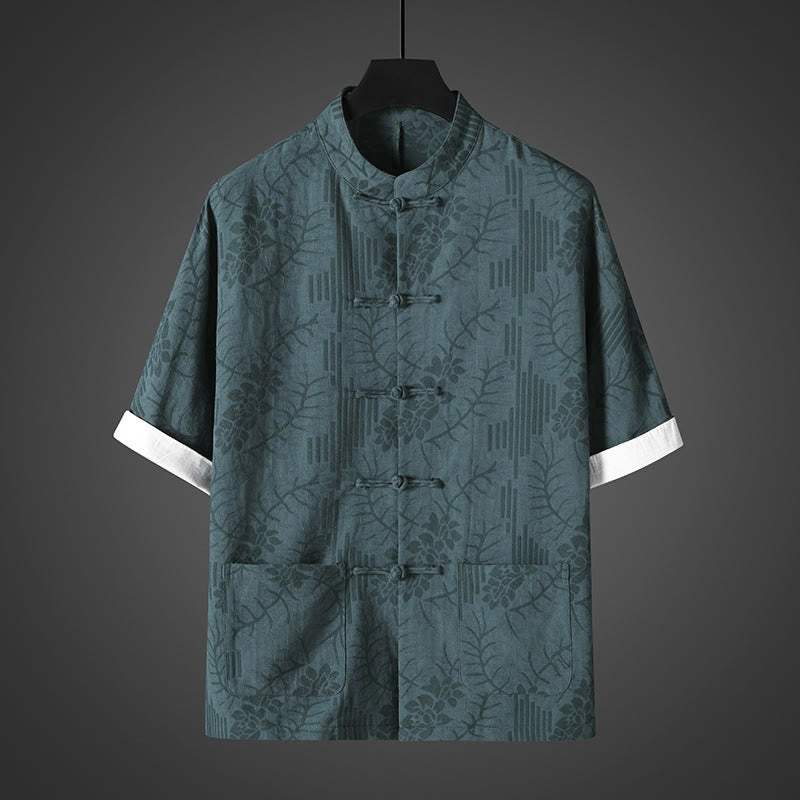 Buddha Stones Summer Frog-Button Half Sleeve Floral Pattern Cotton Men's Shirt  - Teal - US/UK/AU46，EU56 (5XL) - image 4