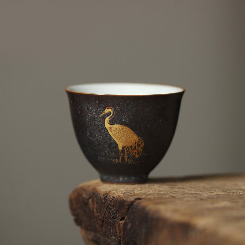 Buddha Stones Small Hand-painted Golden Crane Ceramic Teacup Kung Fu Tea Cup 40ml - Crane Standing 6cm*4.8cm*40ml - image 1