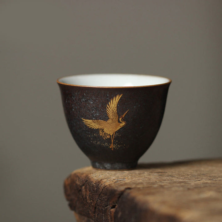 Buddha Stones Small Hand-painted Golden Crane Ceramic Teacup Kung Fu Tea Cup 40ml - Crane Dance 6cm*4.8cm*40ml - image 5