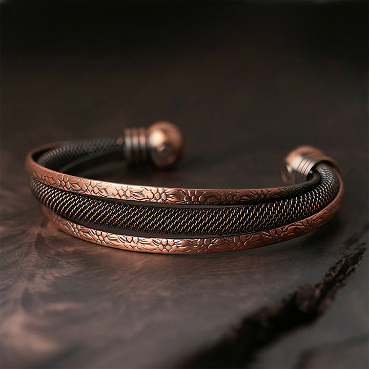 Buddha Stones Retro Textured Flower Pattern Twisted Copper Balance Luck Open Cuff Bracelet Bangle - Patterned(Inner Diameter: 59mm) - image 6