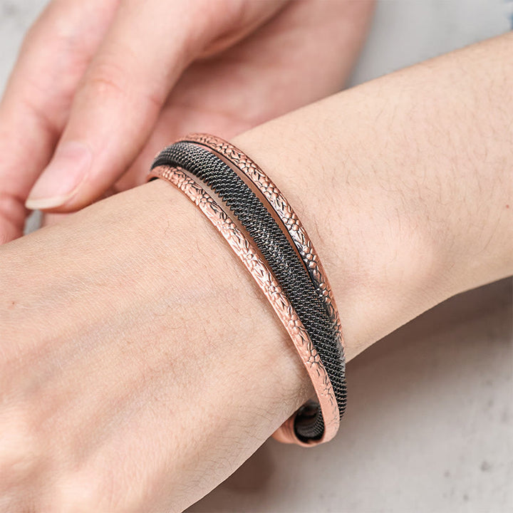 Buddha Stones Retro Textured Flower Pattern Twisted Copper Balance Luck Open Cuff Bracelet Bangle - image 9