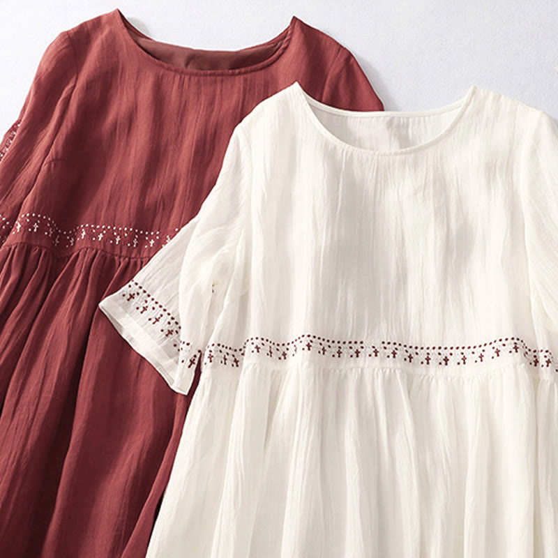 Buddha Stones Solid Color Embroidery Short Sleeve Cotton Midi Dress With Pockets - image 27