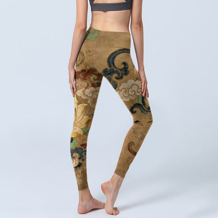 Buddha Stones Traditional Lotus Flower Cloud Pattern Print Gym Leggings Women's Yoga Pants - image 4