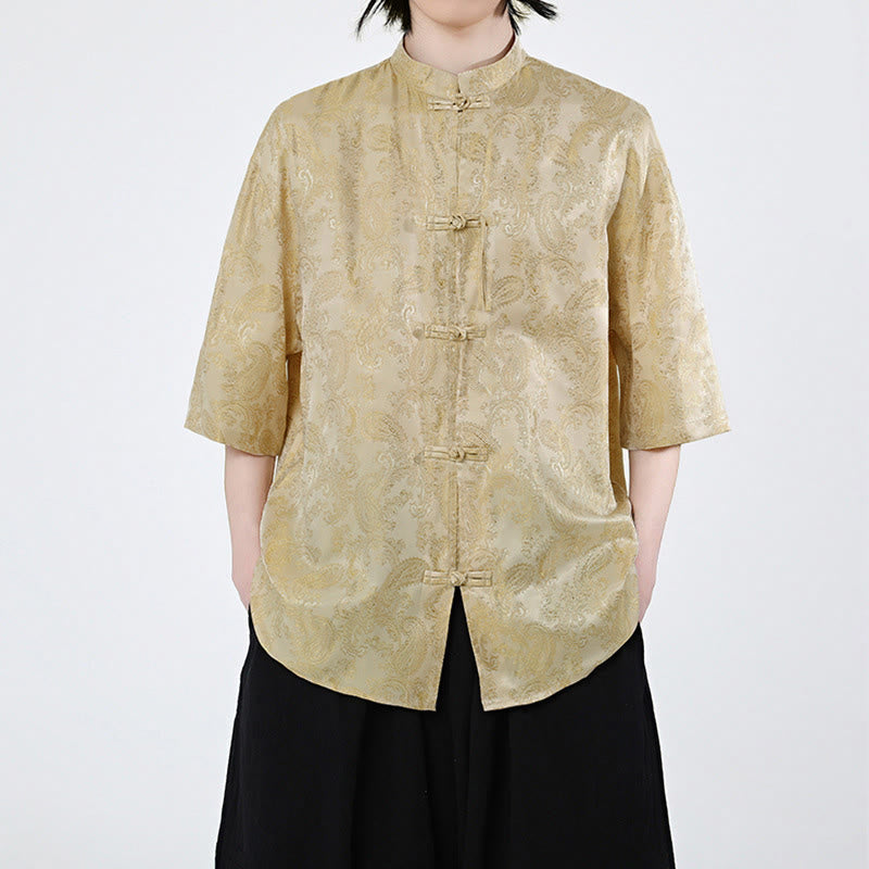 Buddha Stones Summer Frog-Button Half Sleeve Vine Leaf Flower Pattern Men's Shirt  - Gold - US/UK/AU46，EU56 (5XL) - image 8