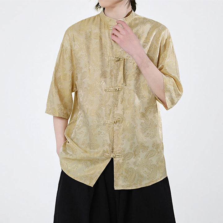 Buddha Stones Summer Frog-Button Half Sleeve Vine Leaf Flower Pattern Men's Shirt  - image 13