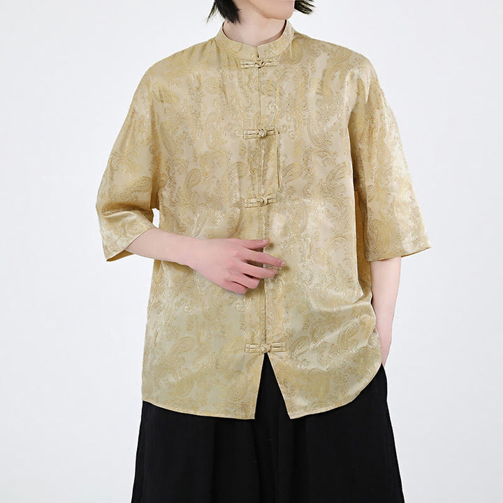 Buddha Stones Summer Frog-Button Half Sleeve Vine Leaf Flower Pattern Men's Shirt  - image 11