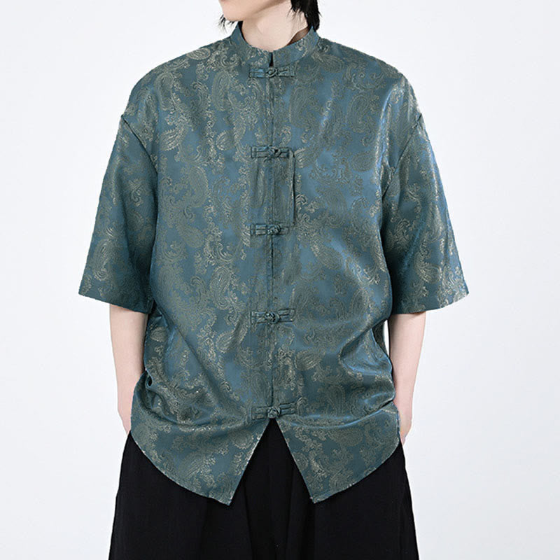 Buddha Stones Summer Frog-Button Half Sleeve Vine Leaf Flower Pattern Men's Shirt  - image 1