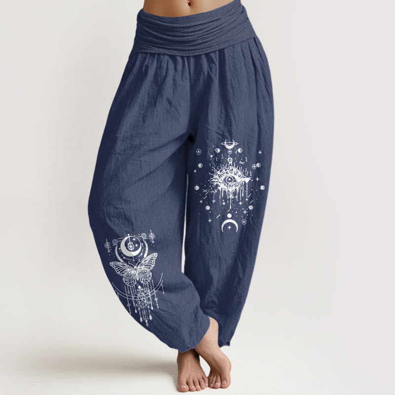Buddha Stones Pure Cotton Minimalist Design Eye Moon Butterfly Pattern Women's Elastic Waist Harem Pants - DarkSlateBlue - US16，UK/AU20，EU48 (3XL) - image 0