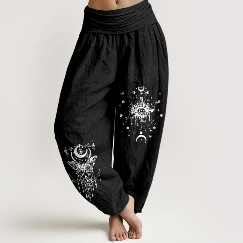 Buddha Stones Pure Cotton Minimalist Design Eye Moon Butterfly Pattern Women's Elastic Waist Harem Pants - Black - US16，UK/AU20，EU48 (3XL) - image 5