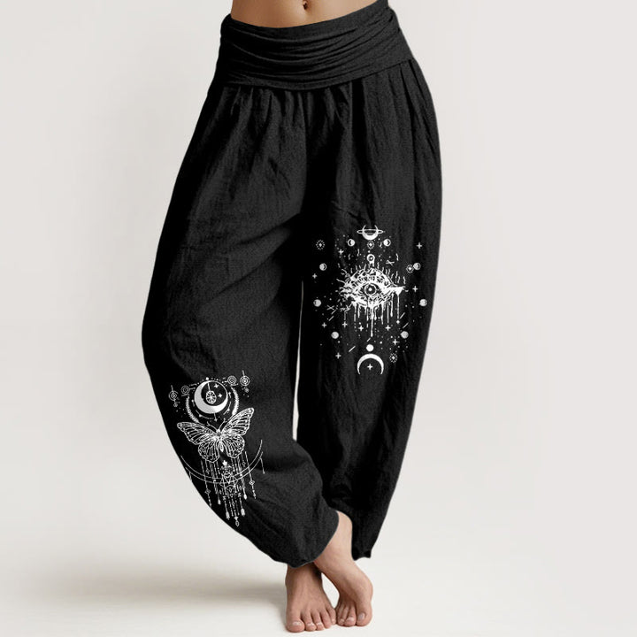Buddha Stones Pure Cotton Minimalist Design Eye Moon Butterfly Pattern Women's Elastic Waist Harem Pants - Black - US16，UK/AU20，EU48 (3XL) - image 5