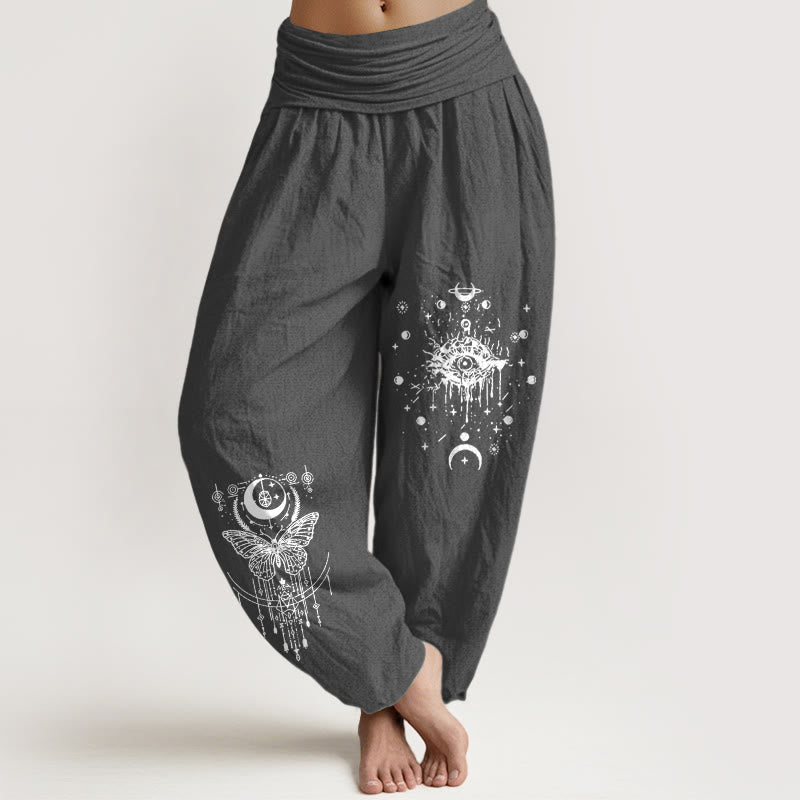 Buddha Stones Pure Cotton Minimalist Design Eye Moon Butterfly Pattern Women's Elastic Waist Harem Pants - DimGray - US16，UK/AU20，EU48 (3XL) - image 8