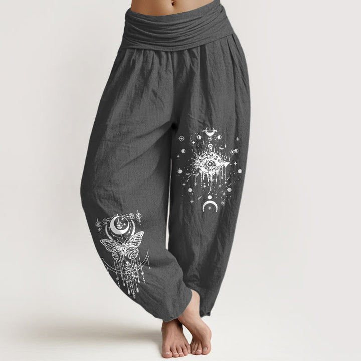 Buddha Stones Pure Cotton Minimalist Design Eye Moon Butterfly Pattern Women's Elastic Waist Harem Pants - DimGray - US16，UK/AU20，EU48 (3XL) - image 8