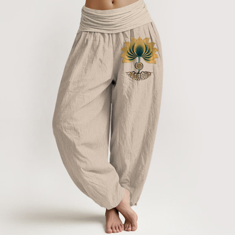 Buddha Stones Pure Cotton Harmonious Color Scheme Lotus Pattern Women's Elastic Waist Harem Pants - Tan - US16，UK/AU20，EU48 (3XL) - image 11