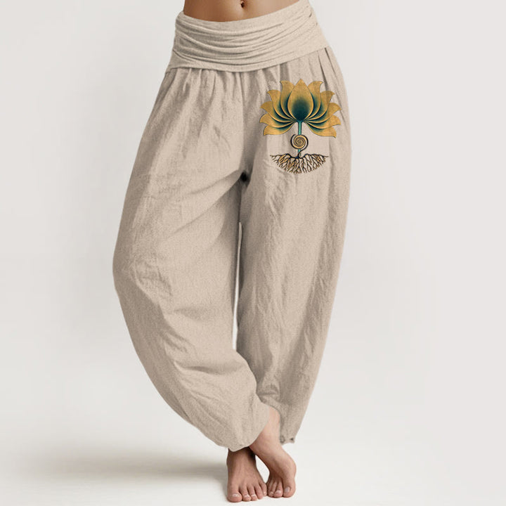 Buddha Stones Pure Cotton Harmonious Color Scheme Lotus Pattern Women's Elastic Waist Harem Pants - Tan - US16，UK/AU20，EU48 (3XL) - image 11
