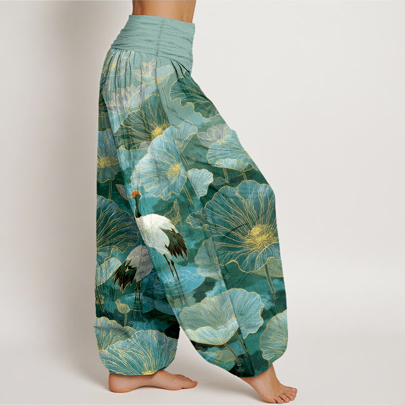 Buddha Stones Pure Cotton Elegant Crane Lotus Flower Leaf Pattern Women's Elastic Waist Harem Pants - image 2