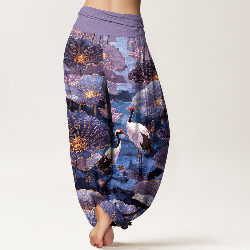 Buddha Stones Pure Cotton Elegant Crane Lotus Flower Leaf Pattern Women's Elastic Waist Harem Pants - image 6
