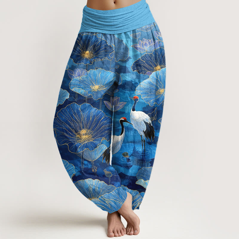 Buddha Stones Pure Cotton Elegant Crane Lotus Flower Leaf Pattern Women's Elastic Waist Harem Pants - DeepSkyBlue - US16，UK/AU20，EU48 (3XL) - image 8