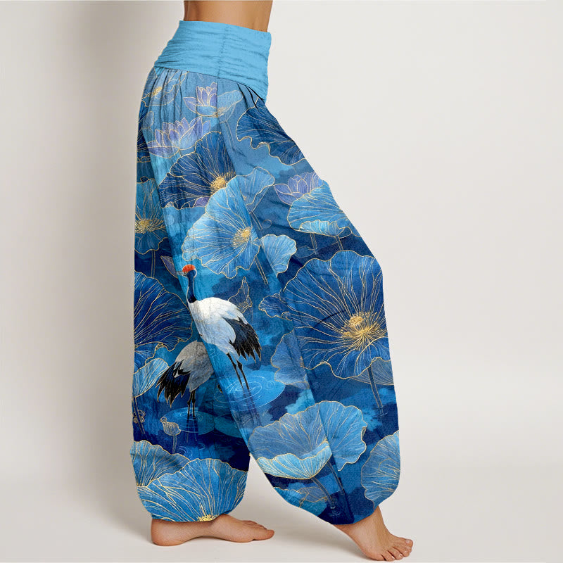 Buddha Stones Pure Cotton Elegant Crane Lotus Flower Leaf Pattern Women's Elastic Waist Harem Pants - image 10