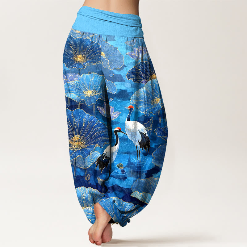 Buddha Stones Pure Cotton Elegant Crane Lotus Flower Leaf Pattern Women's Elastic Waist Harem Pants - image 9