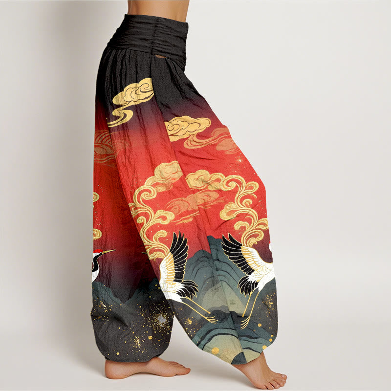 Buddha Stones Pure Cotton Colorful Crane Cloud Mountain Pattern Women's Elastic Waist Harem Pants - image 10