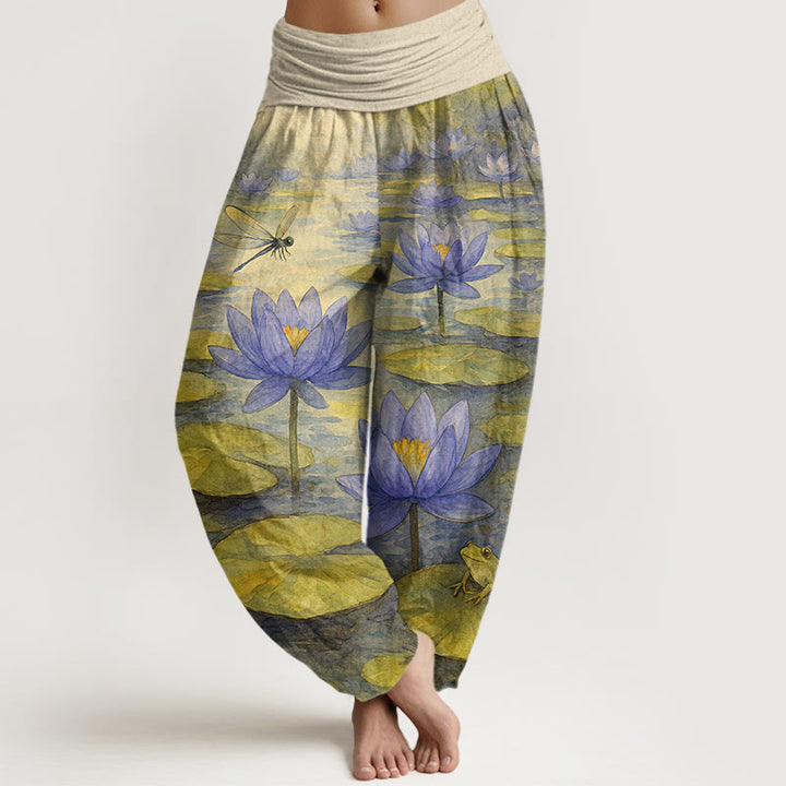 Buddha Stones Pure Cotton Fresh Elegant Lotus Flower Leaf Dragonfly Frog Pattern Women's Elastic Waist Harem Pants - LemonChiffon - US16，UK/AU20，EU48 (3XL) - image 5
