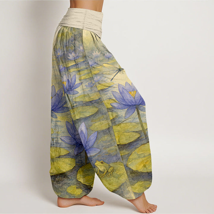 Buddha Stones Pure Cotton Fresh Elegant Lotus Flower Leaf Dragonfly Frog Pattern Women's Elastic Waist Harem Pants - image 7