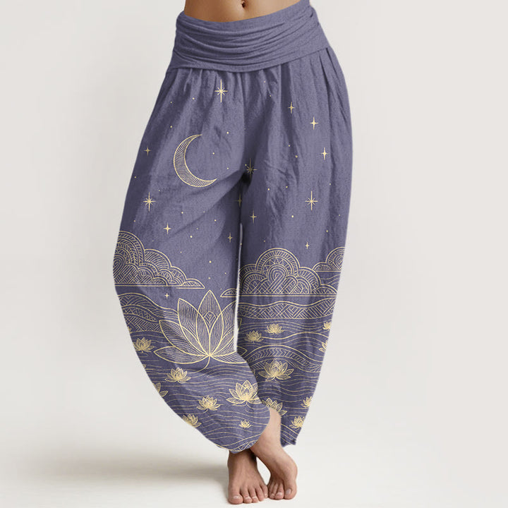 Buddha Stones Pure Cotton Elegant Moon Star Cloud Lotus Flower Water Ripple Pattern Women's Elastic Waist Harem Pants - MediumPurple - US16，UK/AU20，EU48 (3XL) - image 8