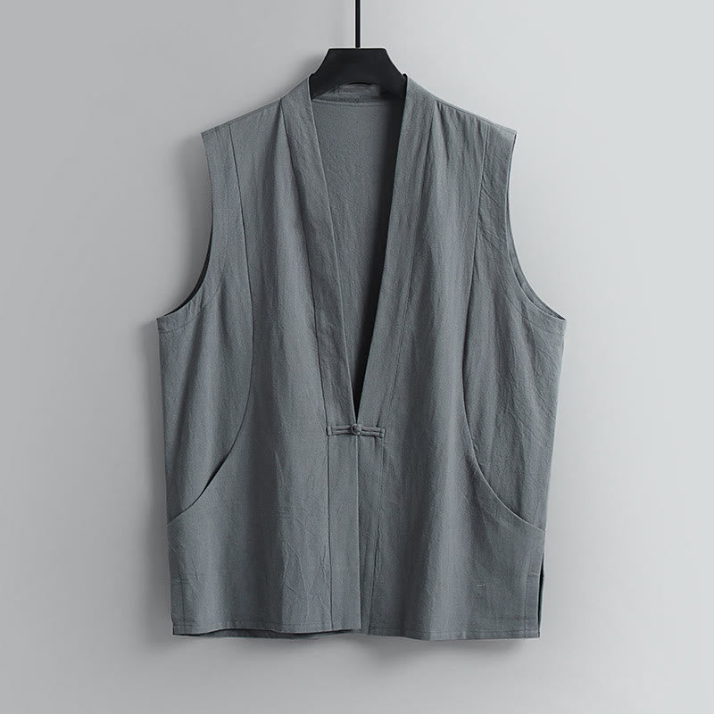 Buddha Stones Summer Solid Color V-Neck Frog-Button Sleeveless Men's Cotton Linen Vest - Gray - US/UK/AU54，EU64 (9XL) - image 1