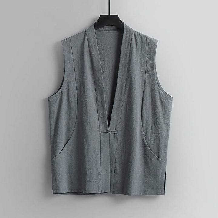 Buddha Stones Summer Solid Color V-Neck Frog-Button Sleeveless Men's Cotton Linen Vest - Gray - US/UK/AU54，EU64 (9XL) - image 1