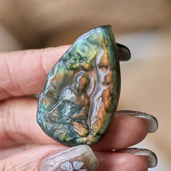 Buddha Stones Engraving Buddha Natural Labradorite Teardrop Shape Figurine Cure Statue Home Decoration - Yellow Buddha 3.5*3.5*0.8cm - image 0